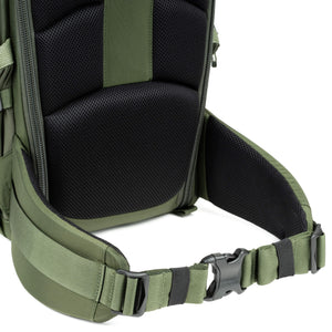 Comfortable padded waist belt for all-day comfort on the trail with webbing rail for additional Think Tank accessories